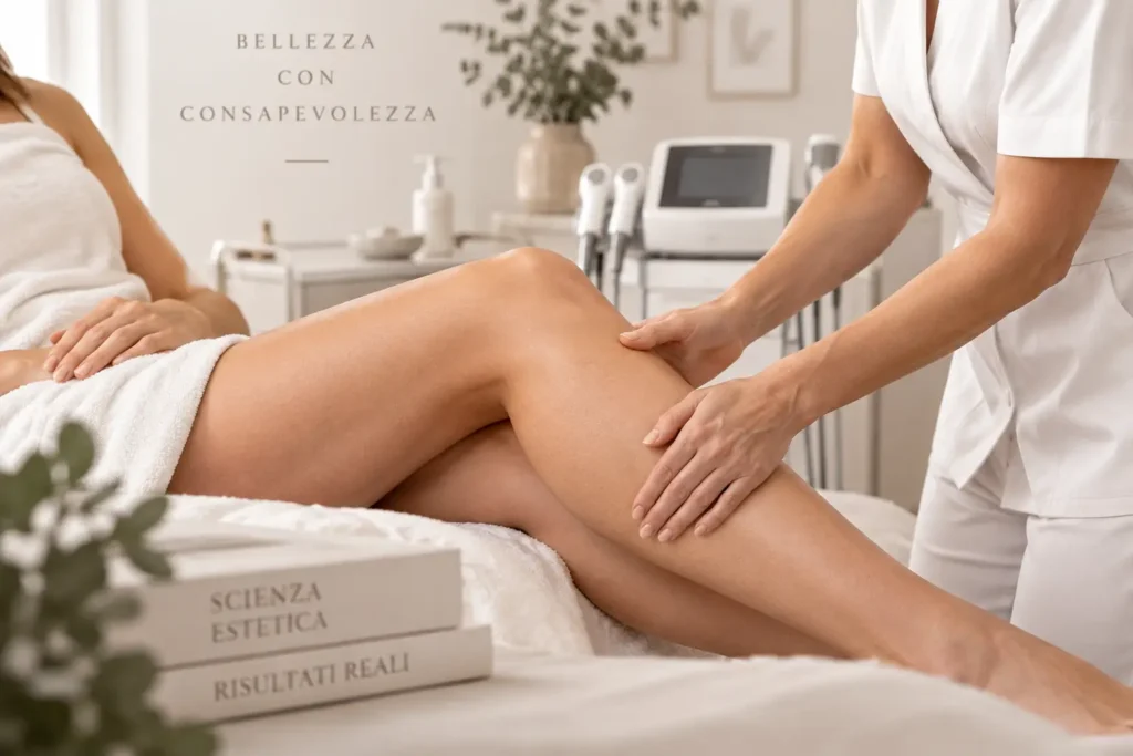 Professionista durante la valutazione estetica delle gambe in un centro di estetica avanzata