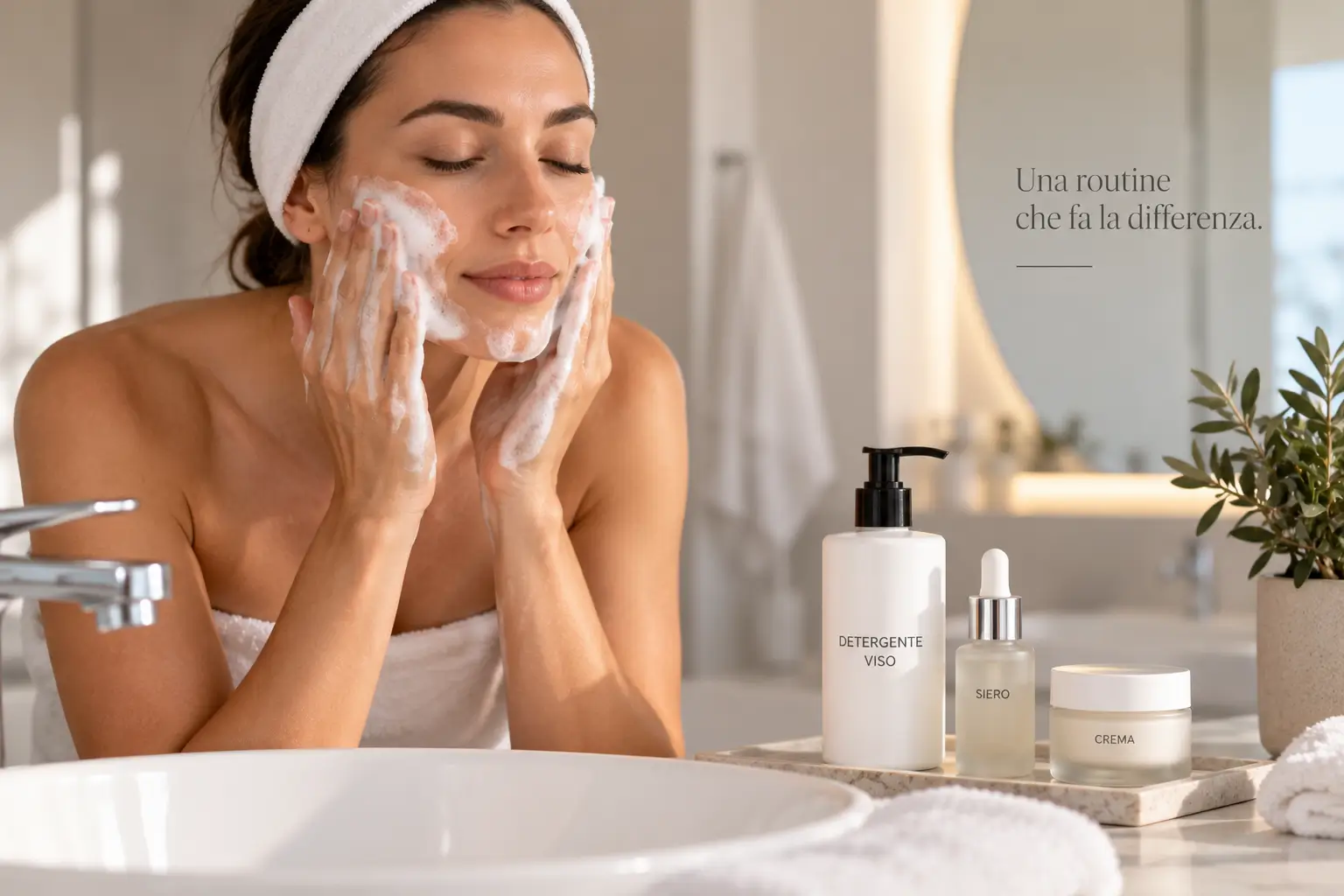 Routine di skin care con detersione del viso e prodotti cosmetici